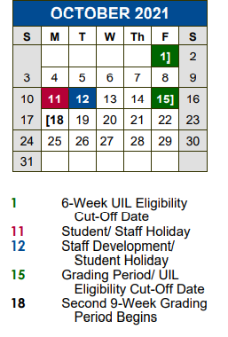 District School Academic Calendar for Kyle Elementary School for October 2021