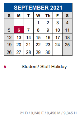 District School Academic Calendar for New El #6 for September 2021