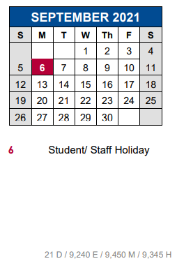 District School Academic Calendar for Science Hall Elementary School for September 2021