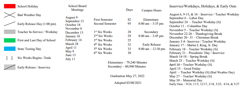 District School Academic Calendar Key for East Side Elementary