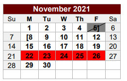 District School Academic Calendar for East Side Elementary for November 2021