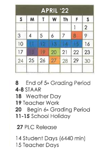District School Academic Calendar for Hemphill Elementary for April 2022