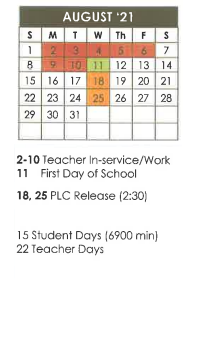 District School Academic Calendar for Hemphill Elementary for August 2021