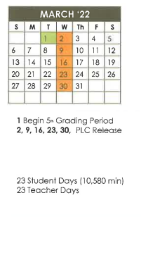 District School Academic Calendar for Hemphill Middle for March 2022