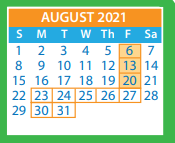 District School Academic Calendar for Arthur Ashe, JR. Elementary for August 2021