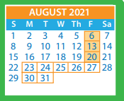 District School Academic Calendar for Moody Middle for August 2021