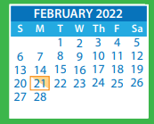 District School Academic Calendar for Trevvett Elementary for February 2022