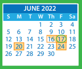District School Academic Calendar for Pinchbeck Elementary for June 2022