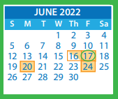 District School Academic Calendar for Moody Middle for June 2022