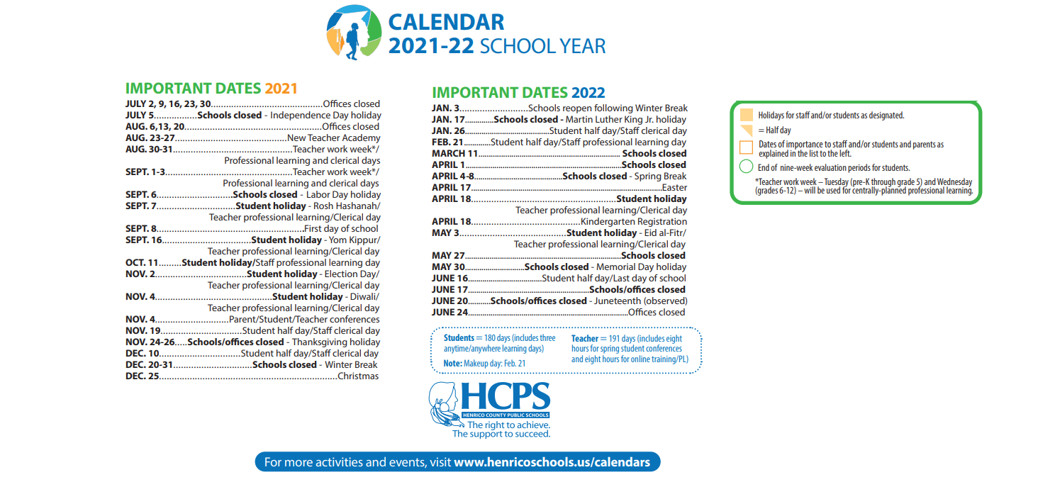 District School Academic Calendar Key for Three Chopt Elementary