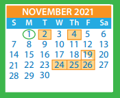 District School Academic Calendar for Arthur Ashe, JR. Elementary for November 2021