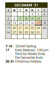 District School Academic Calendar for Henrietta Middle School for December 2021
