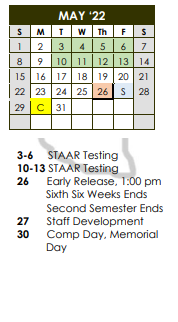 District School Academic Calendar for Henrietta Middle School for May 2022
