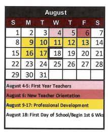 District School Academic Calendar for West Central El for August 2021