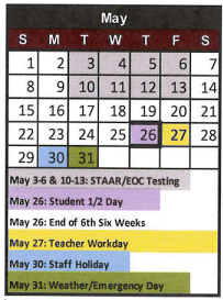 District School Academic Calendar for Tierra Blanca El for May 2022