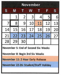District School Academic Calendar for Bluebonnet El for November 2021