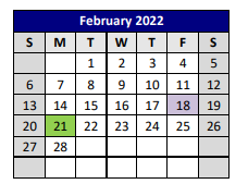 District School Academic Calendar for P A S S Learning Ctr for February 2022