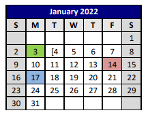 District School Academic Calendar for P A S S Learning Ctr for January 2022