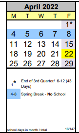 District School Academic Calendar for Manhattan Learning Center for April 2022