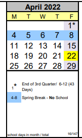 District School Academic Calendar for Sea-tac Occupational Skills Center for April 2022