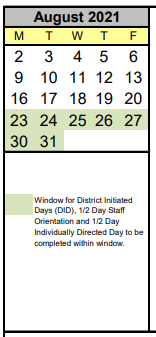 District School Academic Calendar for Eceap for August 2021