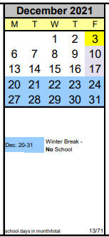 District School Academic Calendar for Out-of-district Placement for December 2021
