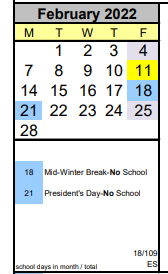 District School Academic Calendar for Arts & Academics Academy for February 2022