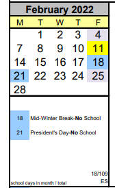 District School Academic Calendar for Mount View Elementary for February 2022