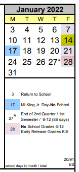 District School Academic Calendar for Eceap for January 2022