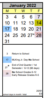 District School Academic Calendar for Cedarhurst Elementary for January 2022