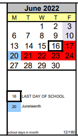 District School Academic Calendar for New Start for June 2022