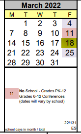 District School Academic Calendar for Out-of-district Placement for March 2022