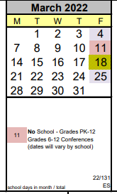 District School Academic Calendar for Woodside for March 2022