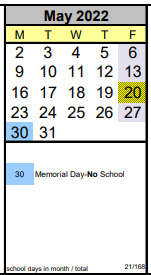 District School Academic Calendar for Out-of-district Placement for May 2022