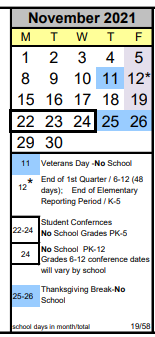 District School Academic Calendar for Evergreen High School for November 2021
