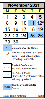 District School Academic Calendar for Bow Lake Elementary for November 2021