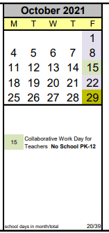 District School Academic Calendar for Eceap for October 2021