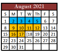 District School Academic Calendar for Hill Co J J A E P for August 2021