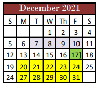 District School Academic Calendar for Hill County Alter for December 2021