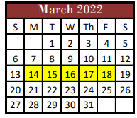 District School Academic Calendar for Hill Co J J A E P for March 2022