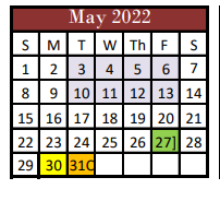 District School Academic Calendar for Hill Co J J A E P for May 2022
