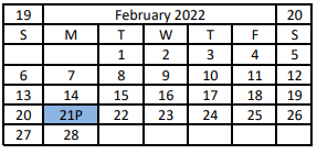 District School Academic Calendar for Galveston Co J J A E P for February 2022