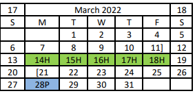 District School Academic Calendar for Hitchcock Headstart for March 2022