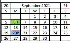 District School Academic Calendar for Hitchcock Headstart for September 2021