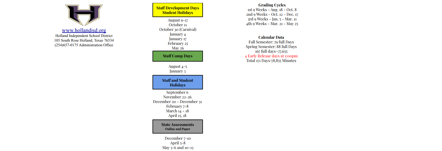 District School Academic Calendar Key for Holland Elementary