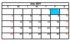 District School Academic Calendar for Detention Ctr for July 2021