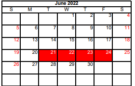 District School Academic Calendar for Detention Ctr for June 2022