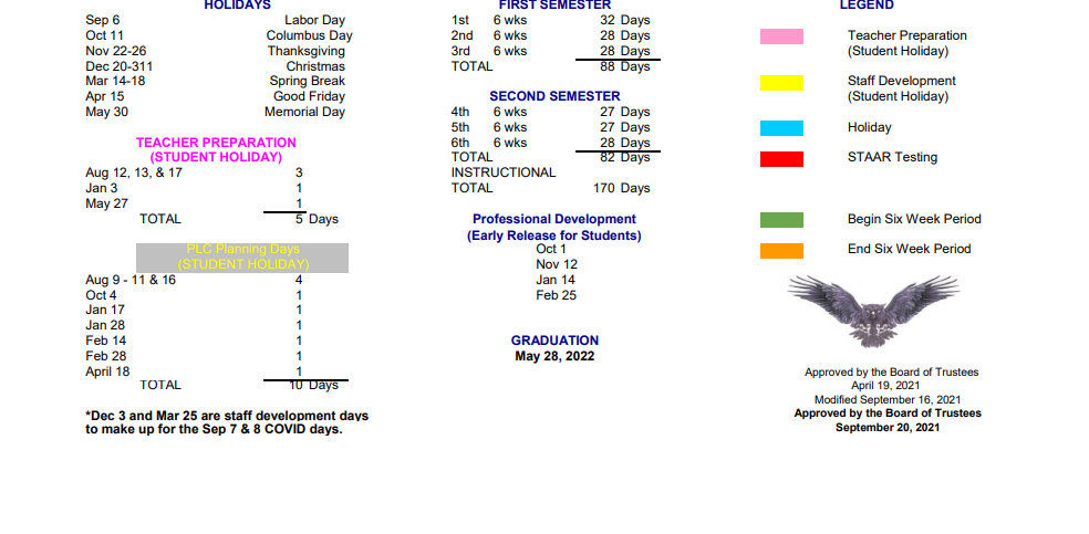 District School Academic Calendar Key for Hondo High School