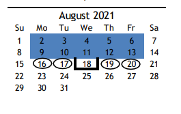 District School Academic Calendar for R D S P D for August 2021