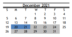 District School Academic Calendar for Rice School for December 2021